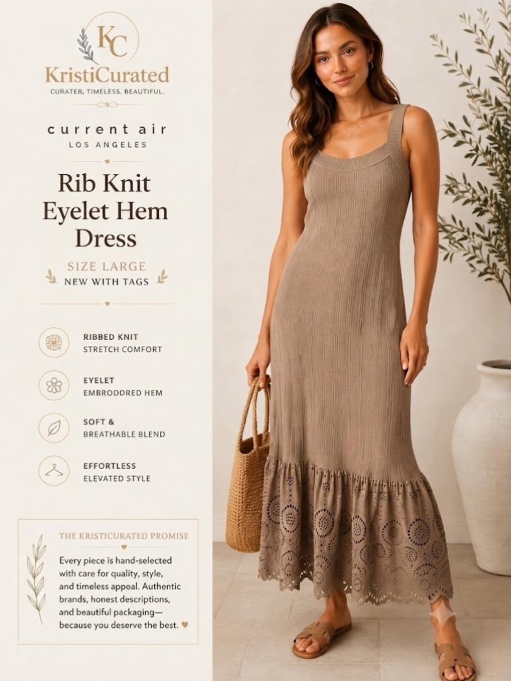 🤍  NWT Current Air Anthropologie Taupe Rib Knit Eyelet Hem Midi Maxi Dress L